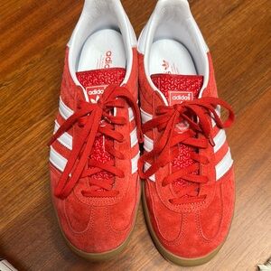 adidas Women's Red Suede Sneakers with White Stripes